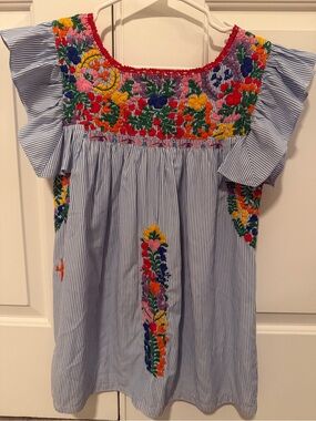 EUC MI Golondrina Blue Stripe Multicolor Embroidered Soledad Blouse Sz XS